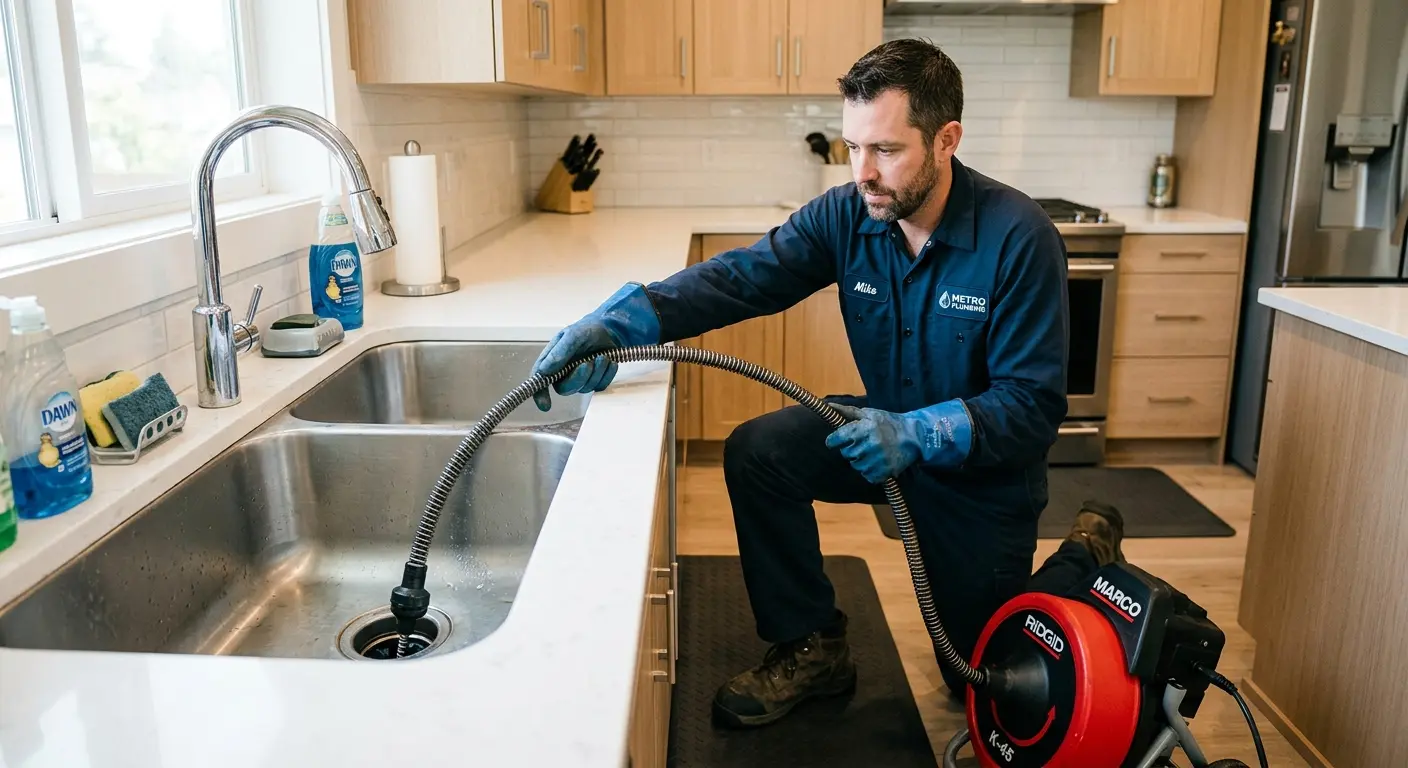 Drain cleaning technician using a motorized snake on a kitchen sink in Jacksonville Beach