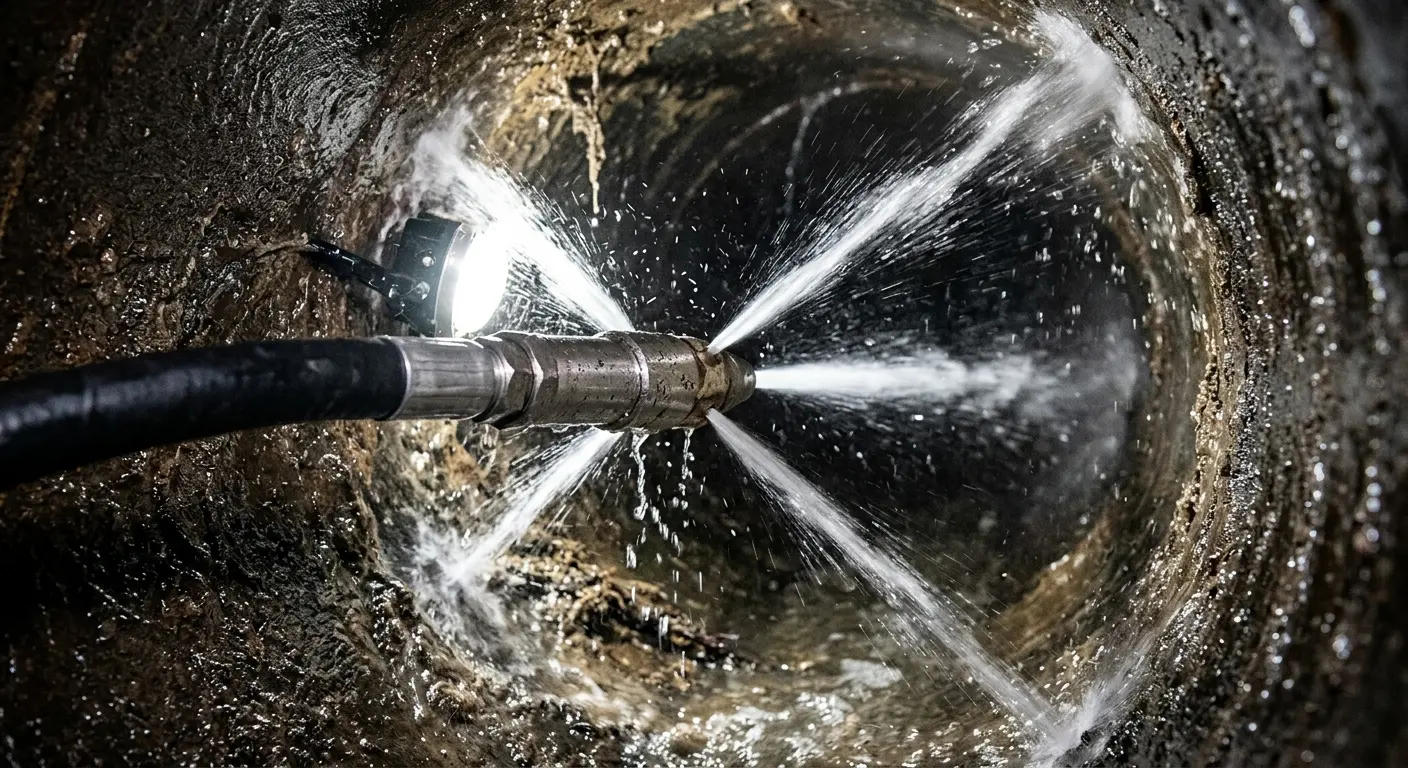 High-pressure hydro jetting nozzle cleaning sewer pipe for Emergency Drain Service in Jacksonville Beach