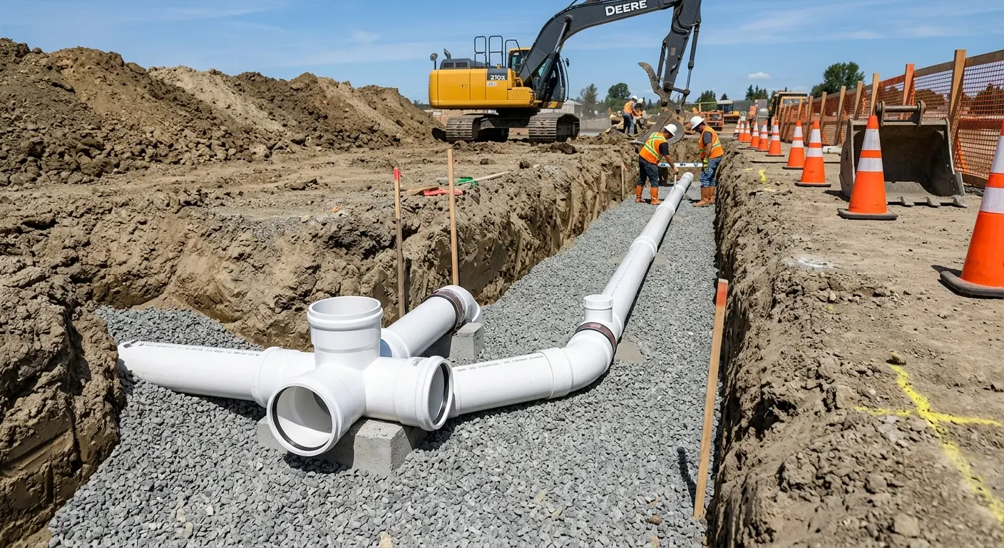 New PVC sewer pipe installation in open trench for Commercial Drain Cleaning in Jacksonville Beach