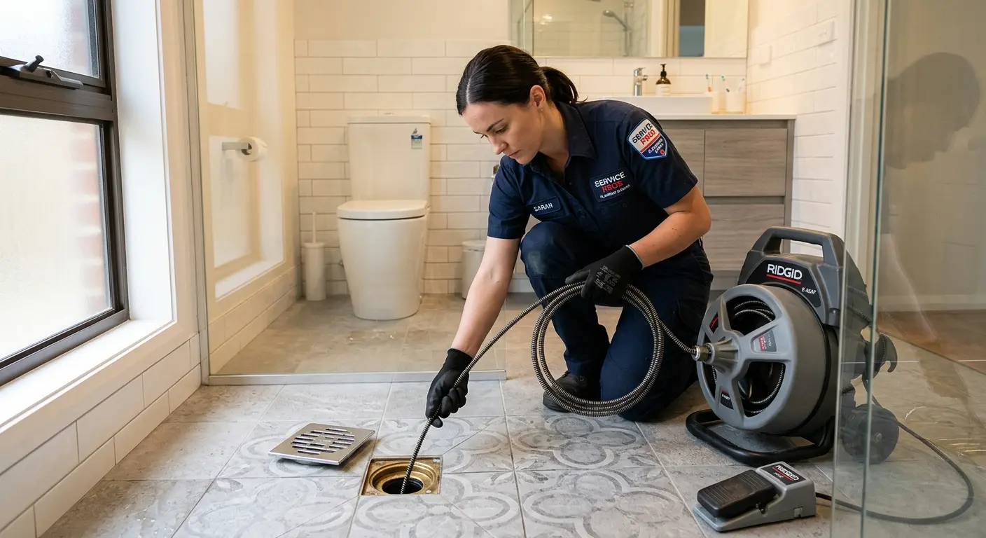 Technician clearing a bathroom floor drain for Clogged Drain Repair in Jacksonville Beach